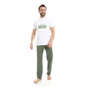 Andora Short Sleeve Solid Pattern Pajama Set - White & Green