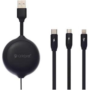 Celebrat HB-11 3-in-1 USB Charging Cable – Type-C, Lightning & Micro USB, 3A Fast Charging, 1.2M Stretchable Flat Cable – Black