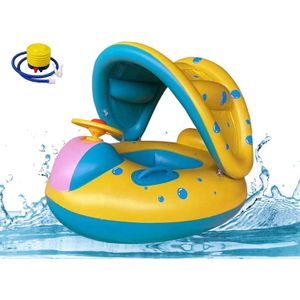NMM Baby Swimming Ring with Removable Sun Canopy, Baby Swimming Aid with Sun Protection, Swimming Ring with Foot Pump, Steering Wheel, Horn, Swimming Float for from 3-36 Months