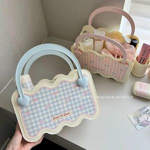 Portable Storage Box Handbag Storage Box Pink Cream Plastic Checkered with Bowknot Top Handle Heart