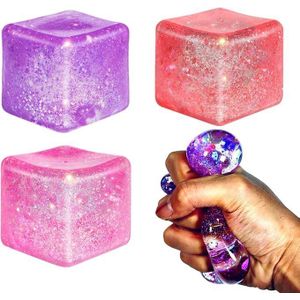 Glitter Squishy Cube Pack of 3 - Fidget Toys for Kids, Slow Rise Stress Cubes for Adults, Ice Cube Squishy Malt Sugar Stress Balls for Anxiety Relief & Classroom Fidget(Blue/Red/Purple)