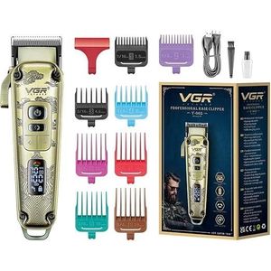 VGR VGR Premium Metal Housing Hair Clipper LED Display, Powder Metallurgic Blade 5500-7000 RPM 4 Speed Motor Auto Testing Button USB Charging 4 Adjustable Taper Lever 8 Guide Combs Runtime 250 Min, V-005, Gold
