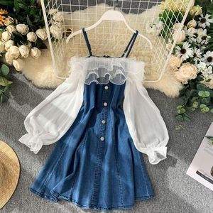 Korean Chic V Neck Lantern Sleeve Denim Denim Dress For Women For