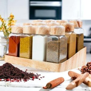تنظيم أنواع البهارات طقم توابل ذكي – تصميم مدمج لتوفير المساحة مع ملاعق وغطاء شفاف لسهولة الرؤية والتنظيم