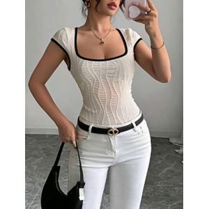 SHEIN Women's Black And White Contrast Edged Square Collar Short-Sleeved TOP