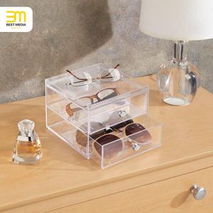 BEST MEDIA  2-Piece Set Stackable Eyeglass Organizer a 2-Drawer Holder for Sunglasses Eyeglasses and various Reading Glasses- Modern - 2-Piece Set - Transparent