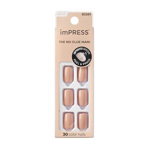 Impress اظافر جاهزة للتركيب بالضغط بدون غراء من امبريس بتصميم طبيعي رائع، كود 513، لاتيه، لون بيج شكل سكوفال قصير، 30 قطعة