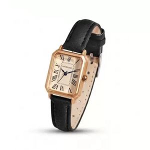 A stylish womens watch with a classic square design, Roman numerals, and a black decorative strap from Lucky Fox