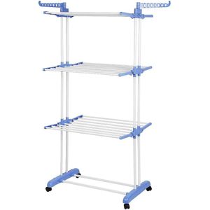 GLIT Folding Clothes Airer, Mobile Clothes Dryer, Clothes Airer, 4 Levels, 4 Wheels, Side Wings, Stainless Steel Tubes (Blue)