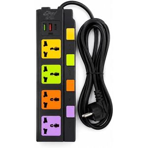 Plan A مشترك كهرباء 4 مخارج مع 4 منافذ USB ومنفذ Type-C، سلك 2 متر، مشترك كهربائي 10 أمبير بمفاتيح تشغيل منفصلة، حماية من زيادة التيار والجهد والصواعق، متعدد الاستخدامات للمنزل والمكتب