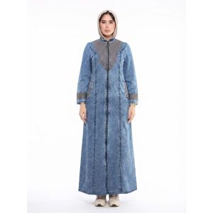 عباية نسائي طويل بتصميم جينز أزرق موديل 9120، مناسب للمناسبات اليومية والرسمية، مريح وعصرى