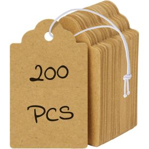 بطاقات أسعار كرافت مع خيط مرن مرفقة قابلة للكتابة، علامات تعليق لتسعير الملابس والمجوهرات وعرض أسعار البضائع - 200 قطعة بمقاس 5 * 3 سم