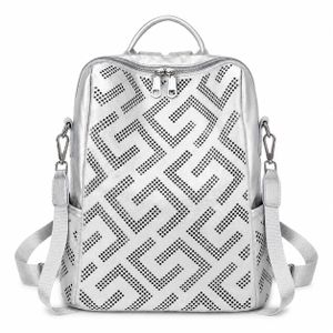 Elegant Women's Backpack with Geometric Crystal Embellishment, Silver Color,  Perfect for Travel, Work & School with Adjustable Shoulder Straps and Spacious Storage Compartment