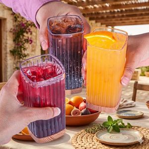 Elegant Mugs - Contemporary clear square acrylic drinkware set of three with an elegant wooden platform, ideal for water and fruit juices, combining contemporary design and functionality