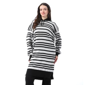 Andora Slip On Striped Long Hoodie - Black & White