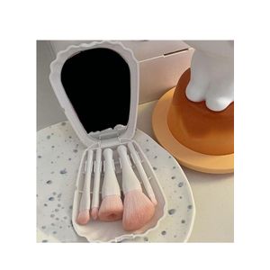 Complete Mini Shell Makeup Brush Set for Travel, Portable Full Function Foundation Eyeshadow Brushes with Mirror 5pcs (White)