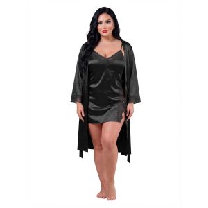 طقم نوم نسائي من الساتان بلون أسود مع روب طويل - موديل 315، تصميم أنيق ومريح للمنزل والمناسبات الخاصة