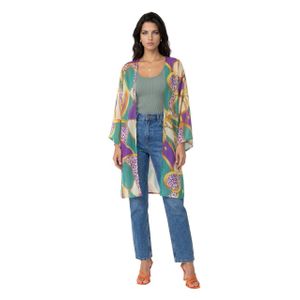 Printed Chiffon Mid-Length Kimono with Wide Sleeves