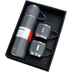 قنينة حرارية من الستانلس ستيل مزدوج الجدار مع مقبض سيليكون وغطاء عازل مع طقم من كوبين من الستانلس ستيل للمشروبات الساخنة والباردة 500 مل 