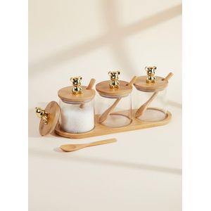 3 Piece Glass Spice Jar Set with Bamboo Tray & Gold Bear Lids