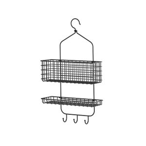 Shower hanger, two tiers BLECKSJÖN, a black wire storage unit with two baskets and hooks. Its versatile for kitchen, bathroom, or hallways, easy to assemble without drilling.
