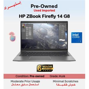 HP Preowned ZBook Firefly 14 G8 Intel Core i7-1165G7 - RAM 16GB - Storage SSD 256 GB – GPU Intel Iris XE Graphics - Grade B- Windows – Display 14 INCH FHD TOUCHSCREEN - English Keyboard 