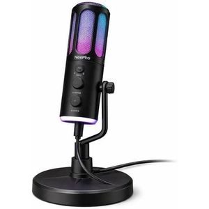 Nivo NP-M01 Gaming Microphone in black with USB and Type-C connectivity, featuring noise cancellation RGB lighting and dual connectivity compatible with PC, laptop, and PlayStation.