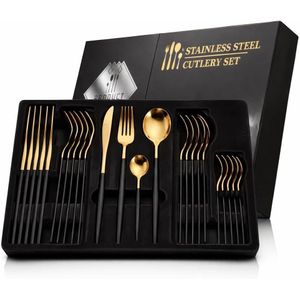 طقم أدوات مائدة من الاستانلس ستيل، أسود وذهبي، مع علبة تخزين أنيقة