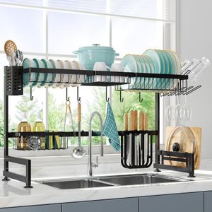 Dish Drying Rack in Sink, Small Dish Drainers for Kitchen Sinks, Expandable Over The Sink Dish Racks with Utensil Holder, Stainless Steel Plates Drying Rack, Black
