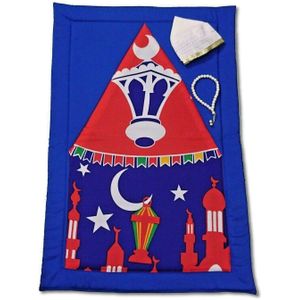 AA111 Kids' Prayer Mat Set with Islamic Design, Prayer Beads and Cap, Blue and Red