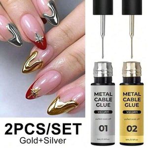 3D Metallic Nail Art Gel Polish Set - 2Pcs Chrome Gold & Silver Painted Gel Kit with Ultra-Fine Liner Brush for Liquid Metal Effects