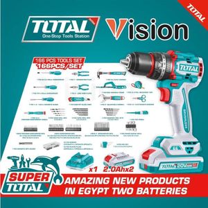 TOTAL شنطة عدة 166 قطعة شنيور بروشليس 20 فولت توتال THKTHP11662 مع بطاريتين وشاحن
