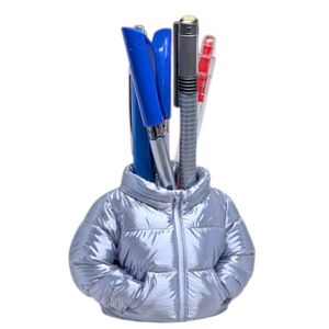 حامل أقلام بتصميم بافر جاكيت كيوت – منظم مكتب مبتكر للأقلام والأدوات المكتبية – ديكور مكتب عملي وعصري – لون ميتاليك