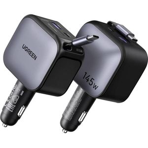 Ugreen شاحن سيارة سريع بقدرة 145 واط مزود بكابل قابل للسحب مع منفذ USB-C ومنفذ USB-A للشحن السريع باللون الأسود
