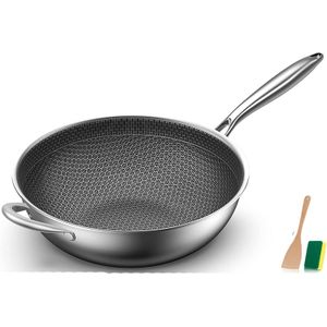 طاسة ووك من الستانلس ستيل بتصميم على شكل قرص العسل غير قابلة للالتصاق، طاسة طهي للاستخدام المنزلي، متوافقة مع موقد الحث الحراري والغاز (اللون: A، المقاس: 34 سم)