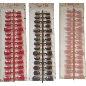 Sugar Girls Glass French Press-On Nails Set - 3 Packs Variety Combo, 72 Pcs High Gloss Short Oval False Nails (Red, Black, Nude Pink)