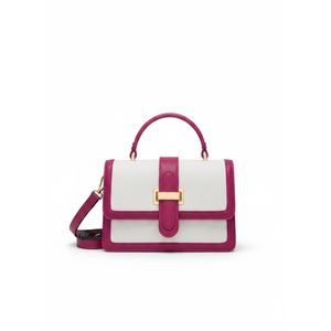 Elegant women's handbag in white and pink with a distinctive modern design, measuring 22 x 14 cm, with an adjustable shoulder strap.