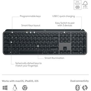 Logitech MX Keys S Wireless Keyboard, Low Profile, Fluid Precise Quiet Typing, Programmable Keys, Backlighting, Bluetooth, USB C Rechargeable, for Windows PC, Linux, Chrome, Mac - Graphite, AR Layout