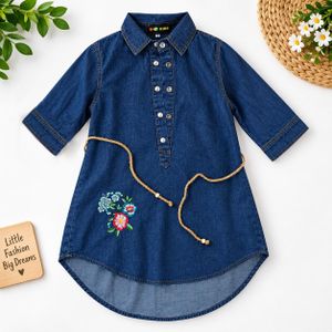 Girls' Dark Blue Denim Tunic Top with Front Buttons, Floral Embroidery and Rope Belt - Age 8 Years
