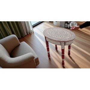 W40R Moroccan Handmade Coffee Table, Mother of Pearl Inlaid, Brown Wood, Oval Shape, Traditional Design, Decorative Side End Table