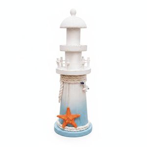 Wooden Lighthouse Figurine Decor, White and Blue with Starfish