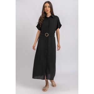 Esla Short Sleeve Belted Shirt Maxi Dress – Black