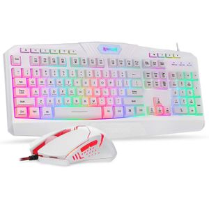 Redragon  كيبورد وماوس سلكي للالعاب S101 باضاءة خلفية RGB مع مسند معصم ومفاتيح وسائط متعددة وماوس العاب باضاءة خلفية حمراء 3200 نقطة لكل بوصة لالعاب الكمبيوتر بنظام ويندوز (ابيض)