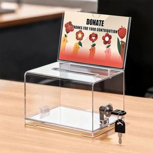 BEST MEDIA  Donation Box with Lock and Key Acrylic Suggestion Box with Slot and Sign Holder for Fundraising Voting Raffle Tip Jar – Clear – 2 Pack – 15.7 × 11.7 × 10.2