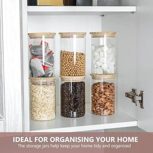 عدد 6 قطع من برطمان توابل وبقوليات زجاج مدور محكم الغلق – غطاء بامبو – سعة 250 مل مقاس 6 * 10 سم 