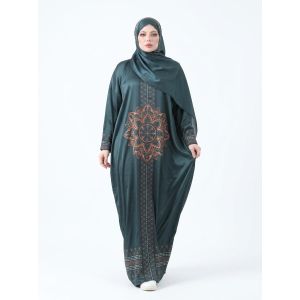 اسدال إسلامية فاخرة بلون Olive بتصميم زخرفي مركزي وتفاصيل على الأكمام والحواف، مناسبة للمناسبات اليومية والعائلية  مقاس 80-120 KG