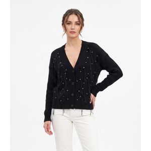 Bebe Women's Embellished Fringe Knit Cardigan – Rhinestone V-Neck Button-Front Sweater