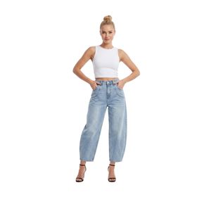Forever 21 Curved Barrel-Leg Denim Jeans, Light Wash