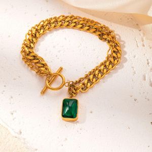 Double-Layer -Tone Chain Bracelet with Emerald Green Stone