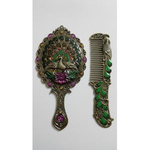 طقم مرآة يد ومشط تصميم فيكتوري بشكل طاووس – انتيكا تحفة فنية – برونزي عتيق مع أخضر زمردي – معدن مقاوم للصدأ – قطعة كلاسيك فاخرة